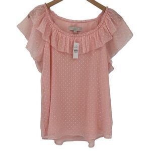 Loft Clip Dot Ruffle Shell Blouse Top‎ Short Cap Sleeves Pink Women Large NWT